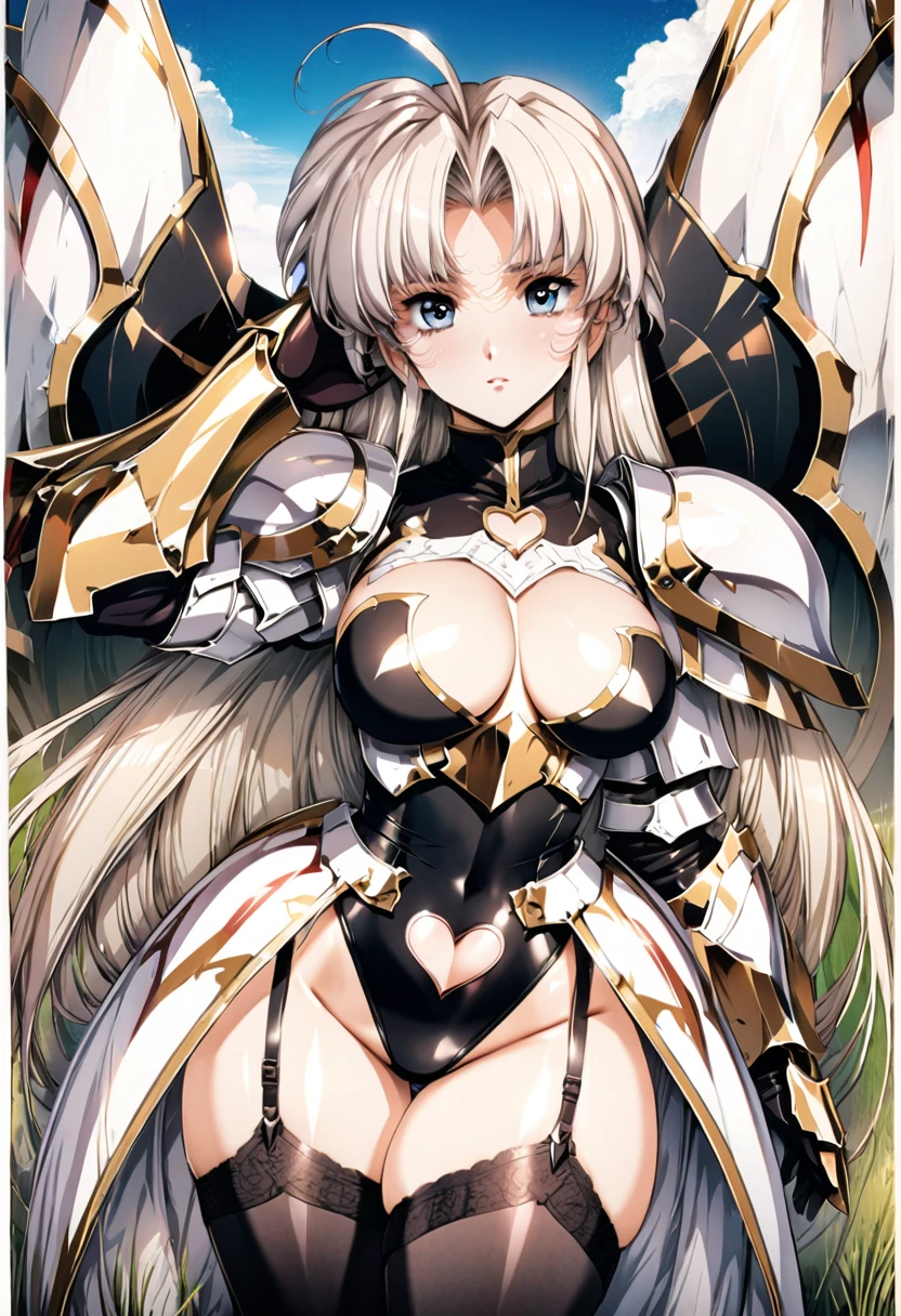 ((highest quality)), ((masterpiece)), ((hyperrealistic)), (detailed background), anime style, solo, 1girl, ((langrisser)), ((curvy: 1.2)), kawaii, ((armor dress: 1.3)), white long hair, ahoge, forehead, parted bangs, (white paladin armor), ((black leotard: 1.3)), ((heart cutout black leotard: 1.3)), ((large breasts)), ((breastplate)), (corset), (zettai ryouiki black knee socks), ((gauntlet)), (big butt), (thighs), (groin), garter straps, beautiful eyes, perfect face, Perfect hands, perfect fingers, Blue sky and grassland,