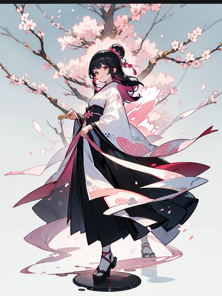 best quality, character design sheet, adult woman、No hat on, Black and pink hair, whole body, Head to Toe, Fortuneteller、Standing facing forward, Beautiful black dress, long Black Hair, whole body, Pure white background, from front, best quality, Standing pose、Cherry blossom pattern、adult、Japanese、Clear eyes、Adult Japanese、Clear eyes、Standing facing forward、The face is facing forward、holding a magic card in hand、White background、Smiling face