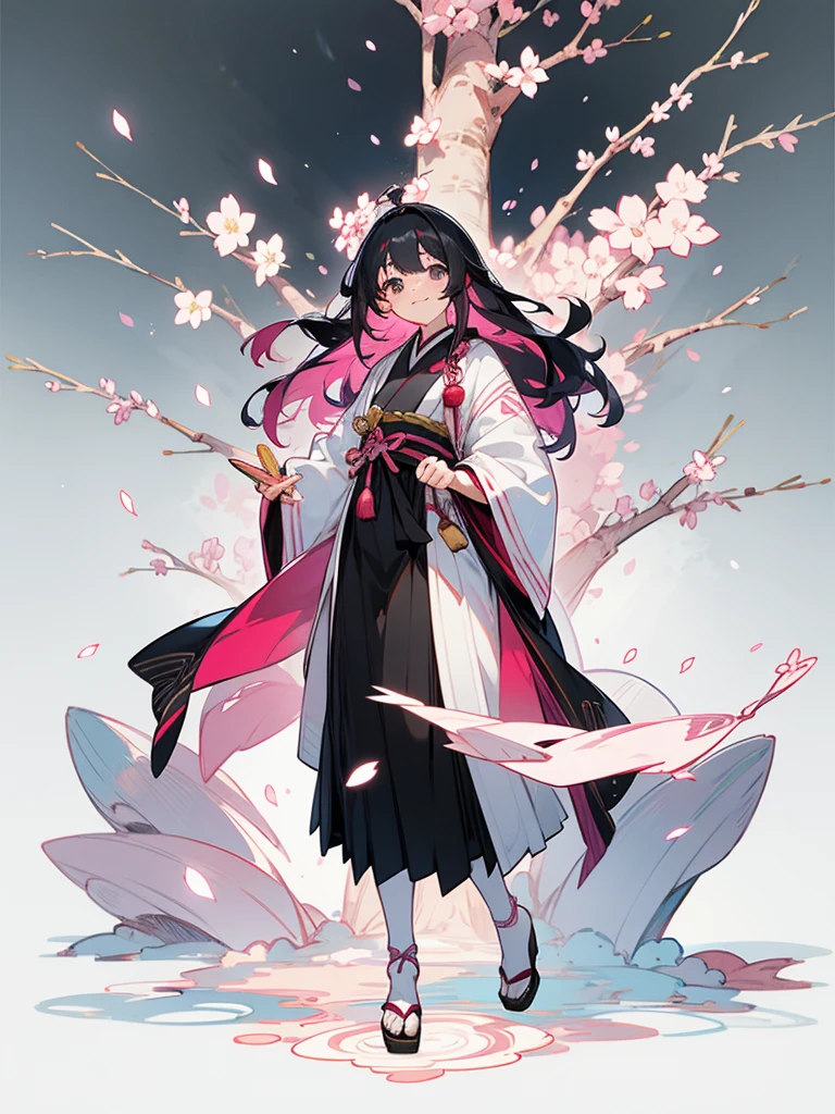 best quality, character design sheet, adult woman、No hat on, Black and pink hair, whole body, Head to Toe, Fortuneteller、Standing facing forward, Beautiful black dress, long Black Hair, whole body, Pure white background, from front, best quality, Standing pose、Cherry blossom pattern、adult、Japanese、Clear eyes、Adult Japanese、Clear eyes、Standing facing forward、The face is facing forward、holding a magic card in hand、White background、Smiling face