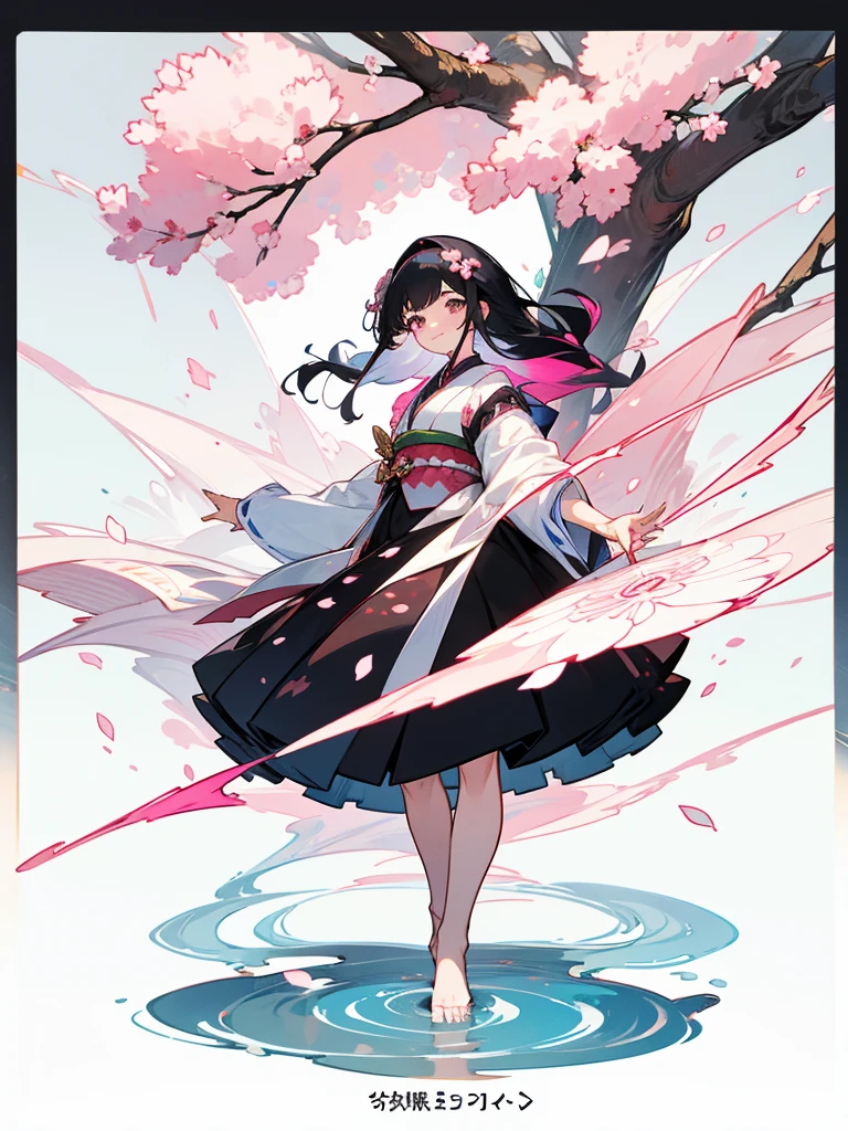 best quality, character design sheet, adult woman、No hat on, Black and pink hair, whole body, Head to Toe, Fortuneteller、Standing facing forward, Beautiful black dress, long Black Hair, whole body, Pure white background, from front, best quality, Standing pose、Cherry blossom pattern、adult、Japanese、Clear eyes、Adult Japanese、Clear eyes、Standing facing forward、The face is facing forward、holding a magic card in hand、White background、Smiling face