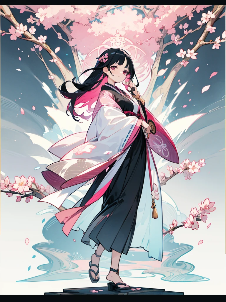 best quality, character design sheet, adult woman、No hat on, Black and pink hair, whole body, Head to Toe, Fortuneteller、Standing facing forward, Beautiful black dress, long Black Hair, whole body, Pure white background, from front, best quality, Standing pose、Cherry blossom pattern、adult、Japanese、Clear eyes、Adult Japanese、Clear eyes、Standing facing forward、The face is facing forward、holding a magic card in hand、White background、Smiling face