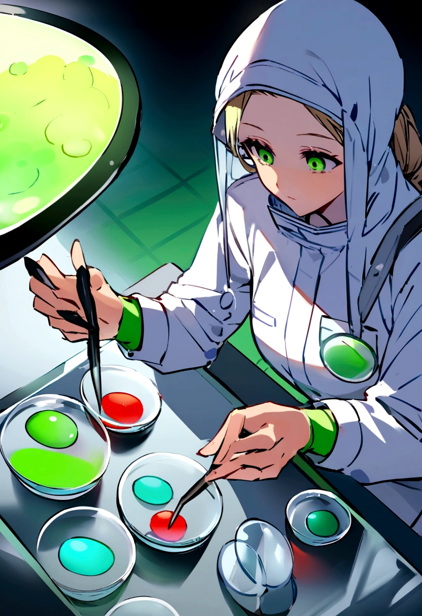 In a Secure High Level Laboratory Scientists in a Coverall Conducting a Research. Chemist Adjusts Samples in a Petri Dish with Pincers.