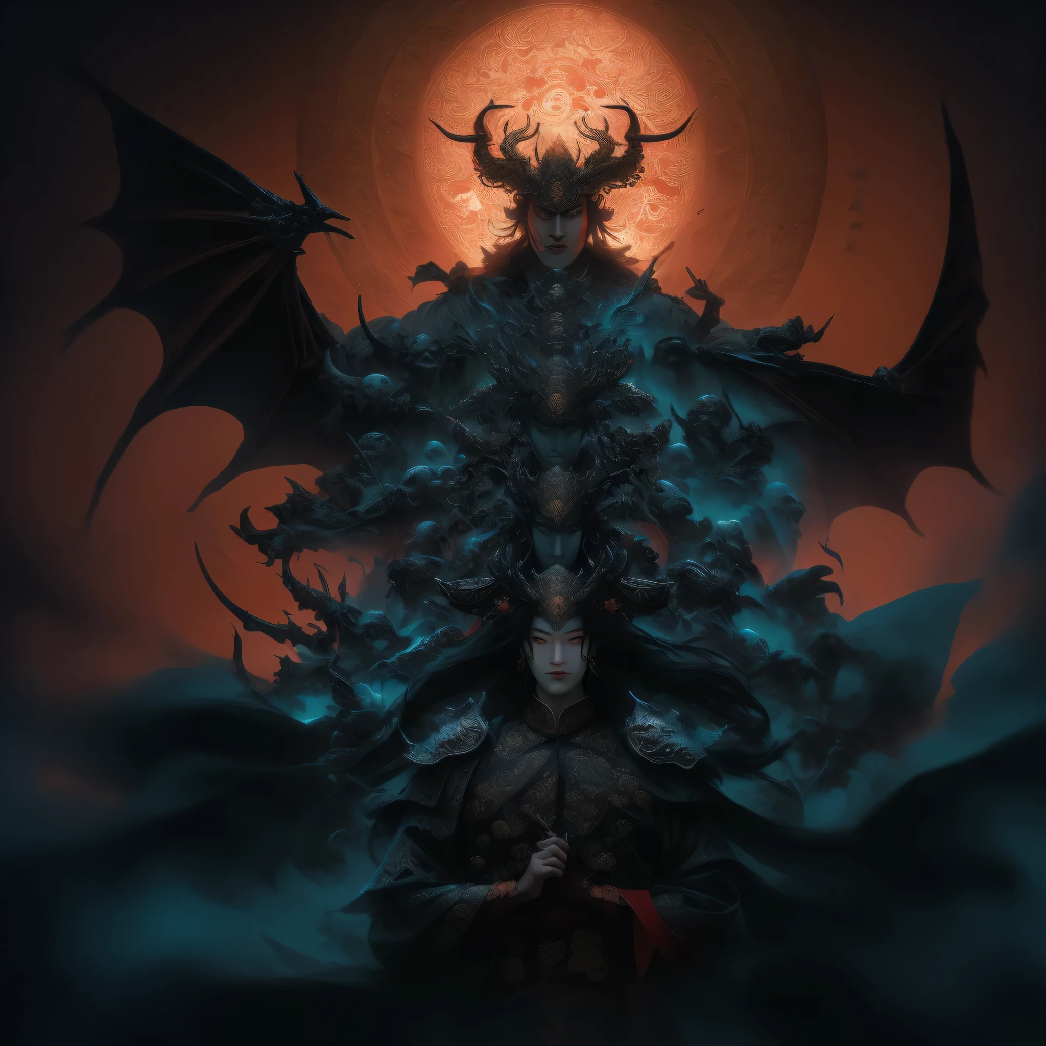 Close-up of a person holding a dragon and a sickle, Super detailed fantasy characters, The God-Emperor of Mankind, Inspired by Huang Shen, God of Chaos, Beautiful Shinigami, Keqing from genshin impact, Rendering Heavy Fantasy Armor