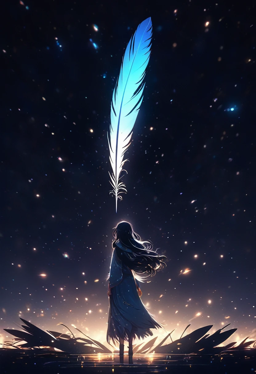 (((zoom out))),8K,((Highest quality)),((high-res)),((shot from behind)),night,She stands front of a black world,dreaming,feather],shiny,gritter,thank you!