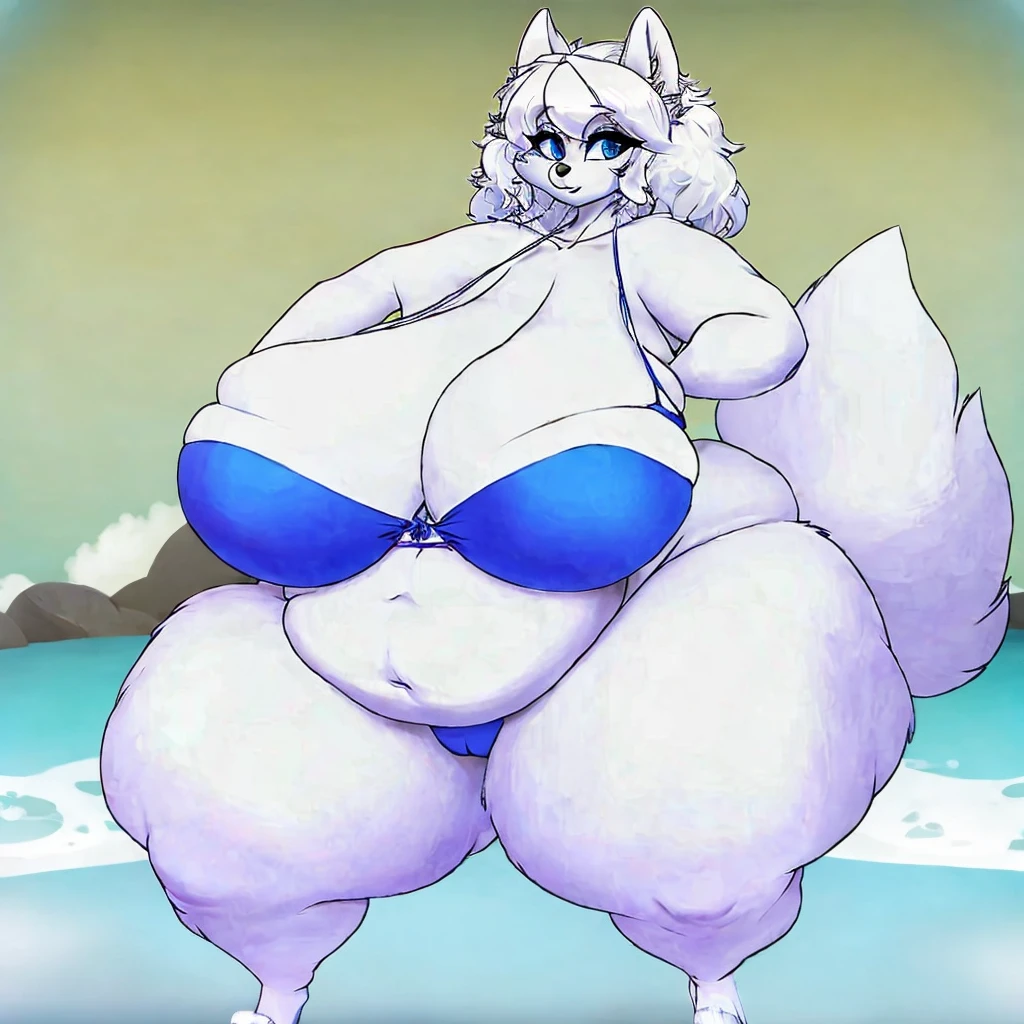 Arctic wolf, female, long white messy hair, enormous breasts, enormous thighs,huge hips,blue eyes,bikini, black claws, gorgeous, beautiful, eyelashes, voluptuous, plump,big fluffy tail, fluffy body, fluffy forearms , massive breasts , massive thighs, massive thighs , morbidly obese, fat arms, fat legs, belly rolls,huge belly 