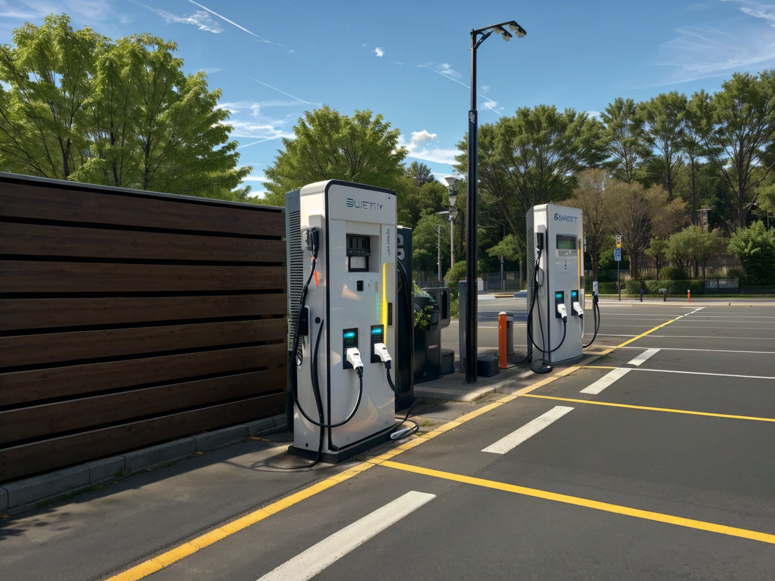there are two electric charging stations in a parking lot, shutterstock, eeri, the photo shows a large, a hyper realistic, hyper realistic”, hyper realistic ”, happy!!!, scenic full shot, high quality picture, charging through city, start, asset, port, very intense, alternate angle, energy, electric, static, typical, photorealism ”, image, eora