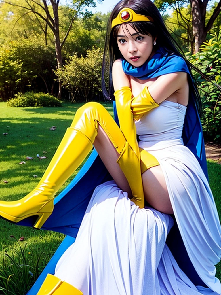 sage_(dq3), 1girl, 
(the vast grasslands), 
(sitting on a stump), (spread legs show panties toward for the viewer), 
long hair, blue hair, normal breast, cleavage, bare shoulders, 
circlet, (yellow gloves:1.6), (white dress:1.6), (cape:1.6), (knee-high boots:1.6), 
(holding a wooden long staff), 
(cowboy shot), 
(white frilled panties), 
detail face, (photorealistic:1.4), ultra high res, best quality, ((detailed facial features)), 8k resolution,
