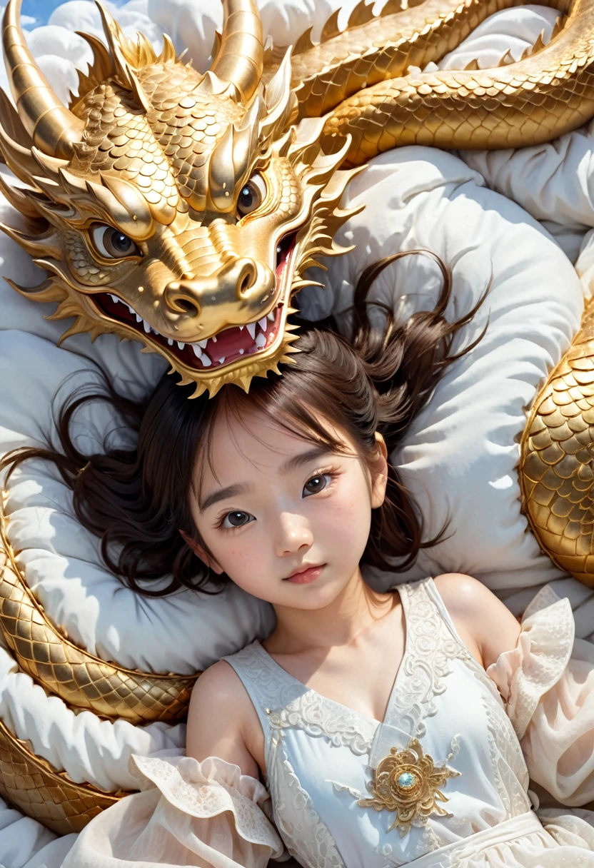 1 year old Chinese girl,Lovely, Round your face,Slept in a golden dragon bed, Two-horned dragon, Shutterstock Contest Winner, Fantasy art, Illustrated images, A dragon made of clouds, Chinese Fantasy, Camera shot, Intricate and sophisticated details, high quality,Japanese girl