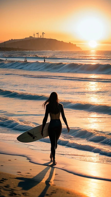 Create an image depicting a female vocalist walking along the coastline of San Francisco at sunset, with surfboards in the background. Capture the scene where the ocean breeze gently tousles her hair.