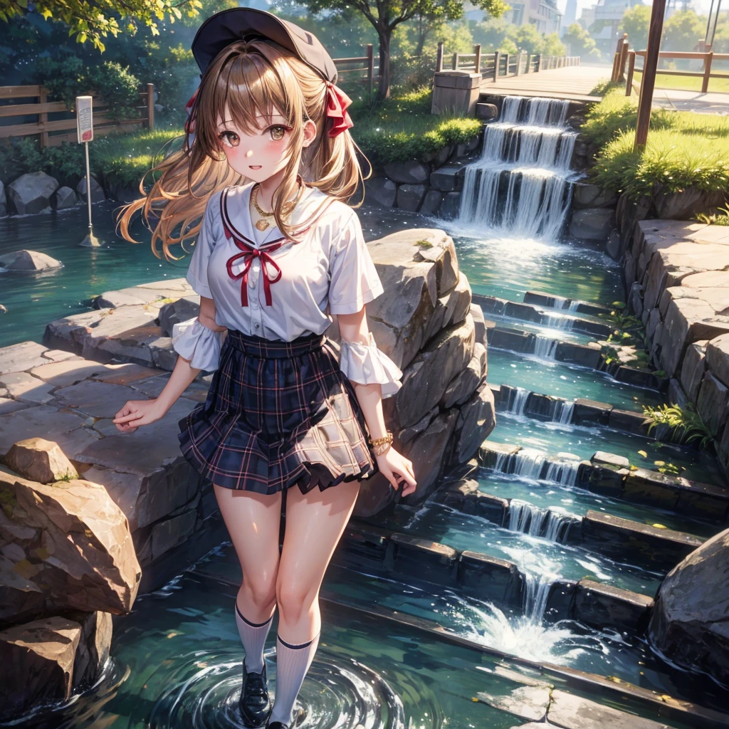 Red, brown, gold, gold hair、Golden Eyes、Hair tied up、One good looking girl、solo、anime、Checkered mini skirt、Ruffles on the skirt、Checked dress、blouse、school uniform、Black knee-high socks、Wearing a baseball cap、Ribbon、Ribbon on waist、Teeth are visible、Silver coin necklace、From above、Cobblestones、waterfall、Starry Sky、Midnight Moon、suspension bridge、Soap bubbles are flying、beam、ripple、Rocks floating in water、Crab walking、Standing still、Hands behind your back