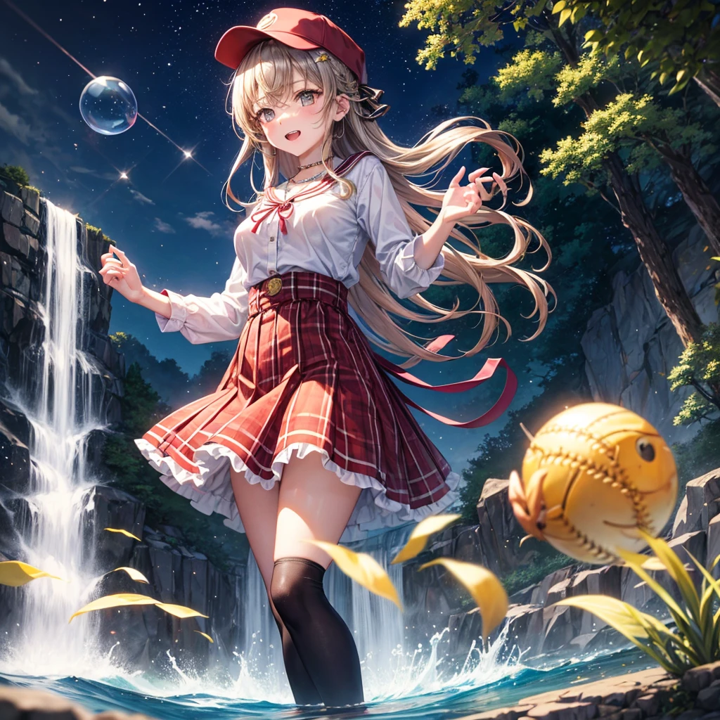 Red, brown, gold, gold hair、Golden Eyes、Hair tied up、One good looking girl、solo、anime、Checkered mini skirt、Ruffles on the skirt、Checked dress、blouse、school uniform、Black knee-high socks、Wearing a baseball cap、Ribbon、Ribbon on waist、Teeth are visible、Silver coin necklace、From above、Cobblestones、waterfall、Starry Sky、Midnight Moon、suspension bridge、Soap bubbles are flying、beam、ripple、Rocks floating in water、Crab walking、Standing still、Hands behind your back