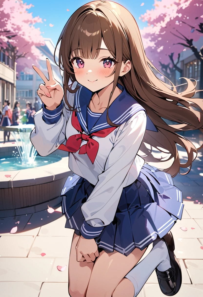 (masterpiece:1.5), best quality, very aesthetic, absurdres, 1girl, solo, high school girl, beautiful, 16 years old, long hair, chest-length hair, bangs, bright brown hair, cheerful smile, slightly blushing cheeks, , sailor uniform, white blouse, blue ribbon, dark blue skirt, white socks, black loafers, jumping, one hand up with V sign, other hand holding skirt, sunny day, school courtyard, blooming cherry trees, bright sunlight, falling cherry petals, school building in background, benches and fountain in courtyard, sharp focus on subject, background slightly blurred, vivid colors, anime style, holding a bouquet of flowers
