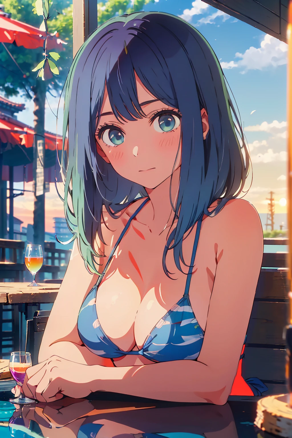 (Highest quality:1.4、masterpiece:1.4、Super detailed:1.4、8K:1.4)、F cup bust、Big Breasts、Slim body、((((1 person、sit、In the background are the urban buildings of Tokyo、looking at the camera、Outdoor café terrace、coastal、Navy hair color、juice、table、Sunset Beach、sunset、Very cute face))))、((((bikini))))、Big eyes、((((Shallow depth of field))))、(Holding a glass:1.4)