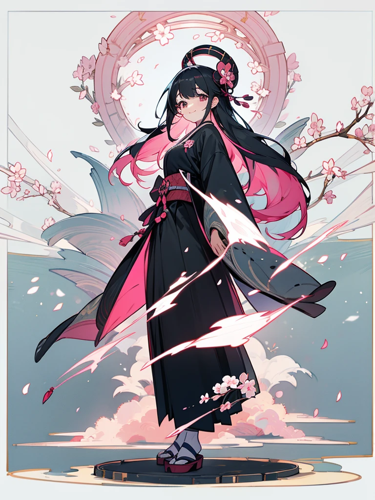 best quality, character design sheet, adult woman、No hat on, Black and pink hair, whole body, Head to Toe, Fortuneteller、Standing facing forward, Beautiful black dress, long Black Hair, whole body, Pure white background, from front, best quality, Standing pose、Cherry blossom pattern、adult、Japanese、Clear eyes、Adult Japanese、Clear eyes、Standing facing forward、The face is facing forward、holding a magic card in hand、White background、Smiling face、Black Dress