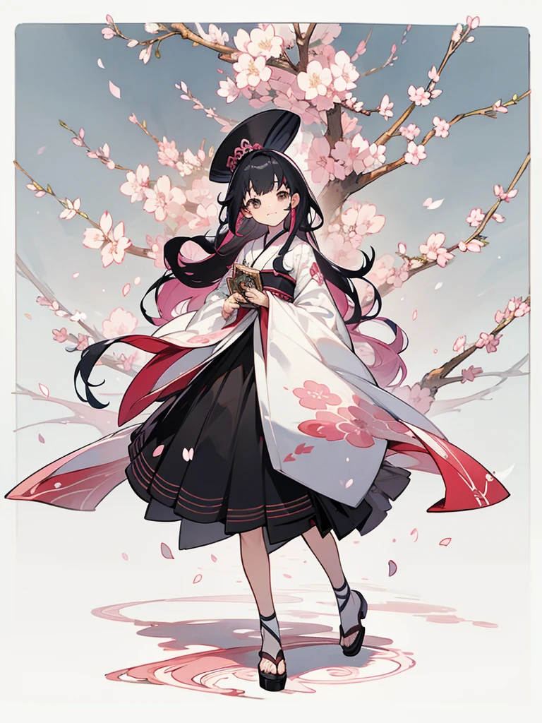 best quality, character design sheet, adult woman、No hat on, Black and pink hair, whole body, Head to Toe, Fortuneteller、Standing facing forward, Beautiful black dress, long Black Hair, whole body, Pure white background, from front, best quality, Standing pose、Cherry blossom pattern、adult、Japanese、Clear eyes、Adult Japanese、Clear eyes、Standing facing forward、The face is facing forward、holding a magic card in hand、White background、Smiling face、Black Dress