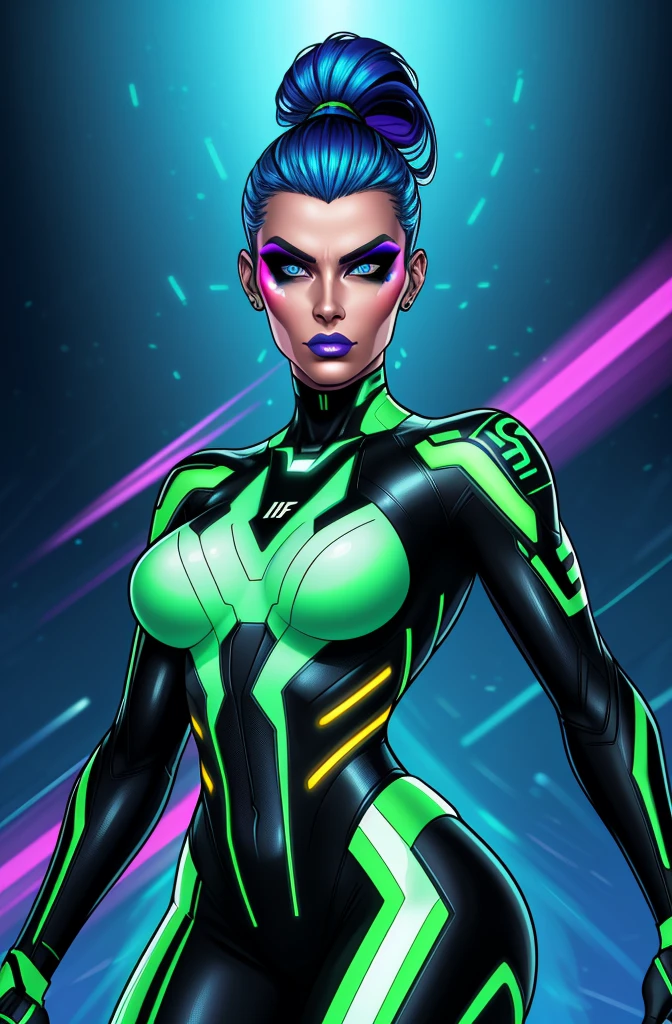 Kari Wurher, sleek futuristic outfit, sci-fi, portrait, (best quality, highres:1.2), vibrant colors, dynamic lighting, glowing effects, metallic texture, detailed face, fierce expression, confident pose, angular lines, trendy hairstyle, striking makeup.