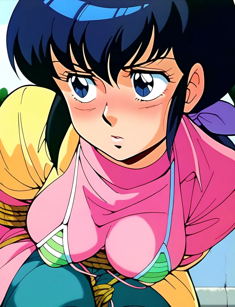 kyoko,score_9,score_8_upper,score_7_upper,sauce_anime,One girl,alone,View your viewers,soaked,downpour、Micro Bikini、Hanging from a tree、bondage、Tie with rope、Sad face,:d,arms_behind_return,Rural countryside、Rough rope、Tie up、Bondage、