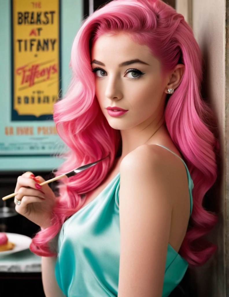 very attractive 25 year old girl with long  bright pink hair, recresting the poster from the movie breakfast at tiffanys, photo quaity