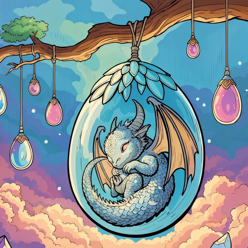 Background blue sky with fluffy pink clouds, foreground large branch with several small cocoons, big cocoon with cute beating baby dragon