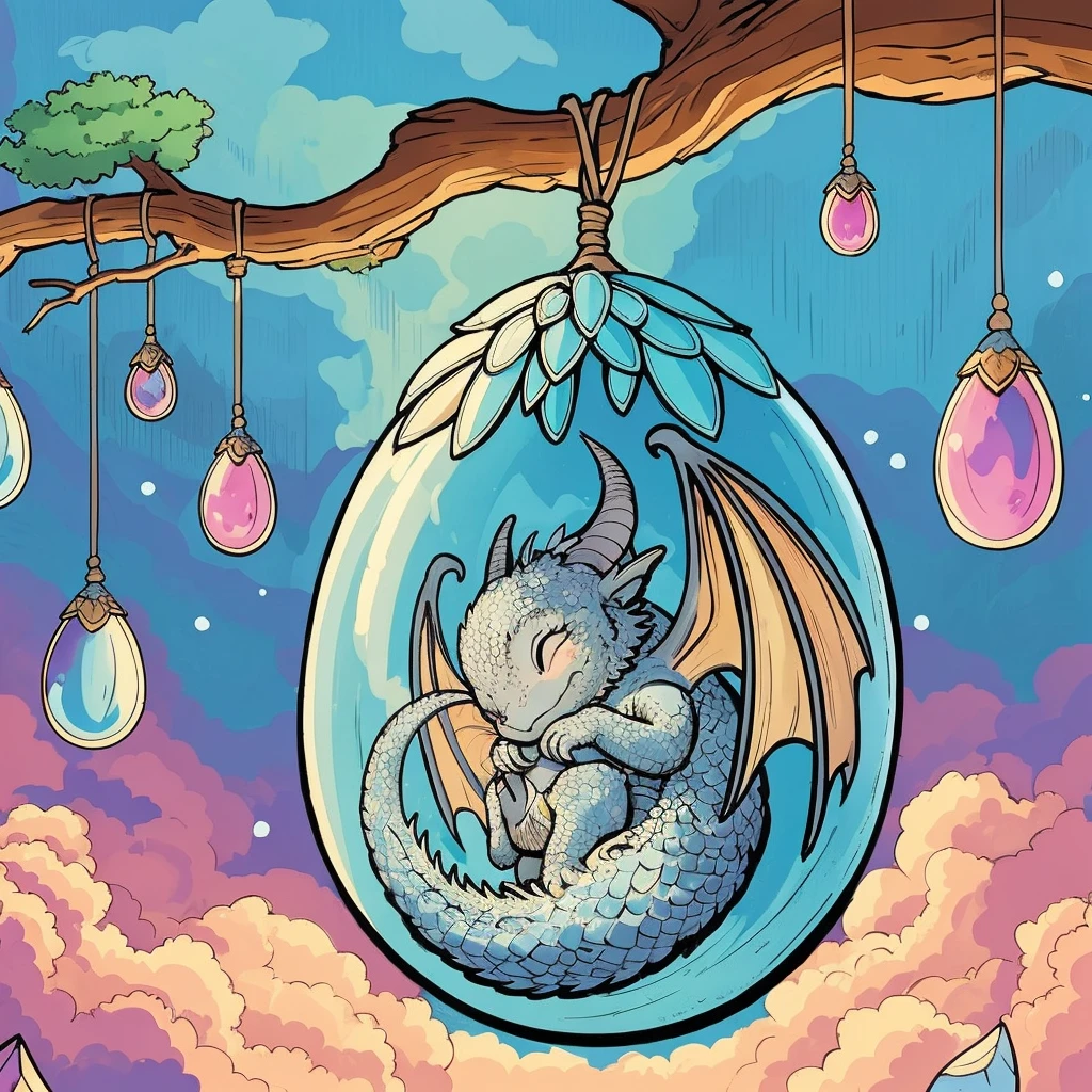 Background blue sky with fluffy pink clouds, foreground large branch with several small cocoons, big cocoon with cute beating baby dragon 