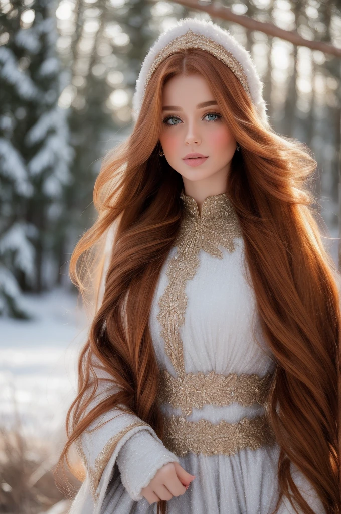A gorgeous, pretty, shiny, kind-hearted, warm-hearted, sweet, polite, sensitive, friendly, charming, graceful, stylish, classy, alluring, majestic, ethereal, angelical ginger long haired armenian woman dressed in traditional winter costumes.