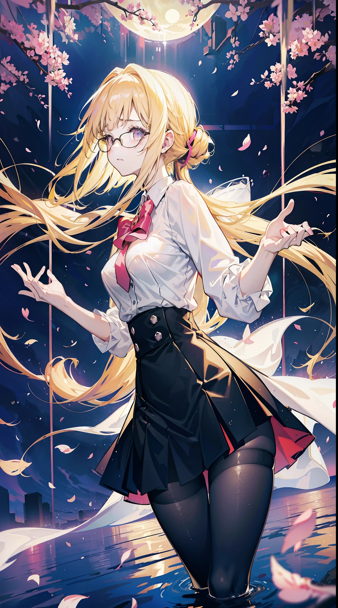 Young and beautiful Kathryn Newton, Glasses, White dress shirt, great neckline, Black Mini Dress, Dark pantyhose, High balance, Surreal, 14 years old, Model figure, Large Breasts, Beautiful breasts, Big Ass, Long hair, Ponytail, Blonde hair, Long legs, 8K, Cherry blossoms, sunrise, Detailed reflection, Anime style, sad