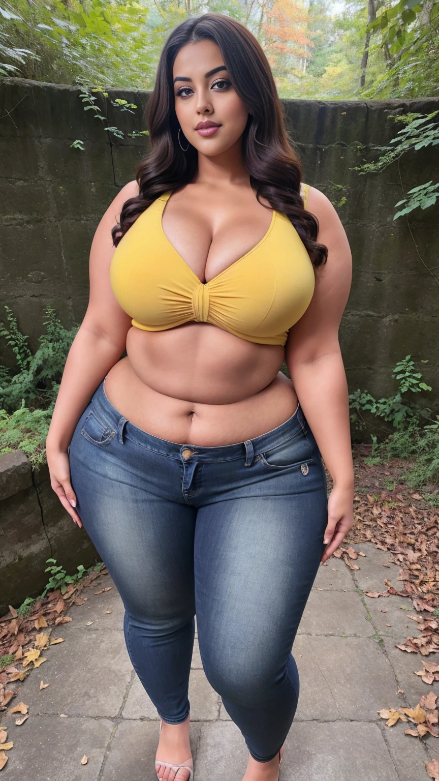 Madhubala Indian sexy curvy plus size body beautiful actress in a SHEIN Essnce Plus Roll Hem Skinny Capri Jeans and yellow cropped top posing for a picture in Devi's Fall (Patale Chhango), camera front facing, smilling face, head to toe view, full body shot, hourglass body shape, curvy plus size body, bigger waist, busty, big hips, fleshy thighs, thick thighs, cleavage, big breasts, busty, full body view, head to to view, full body shot, sexy girl, beautiful curves, curvy model, attractive curves, attractive feminine curves, gorgeous woman, Devi's Fall (Patale Chhango) background,