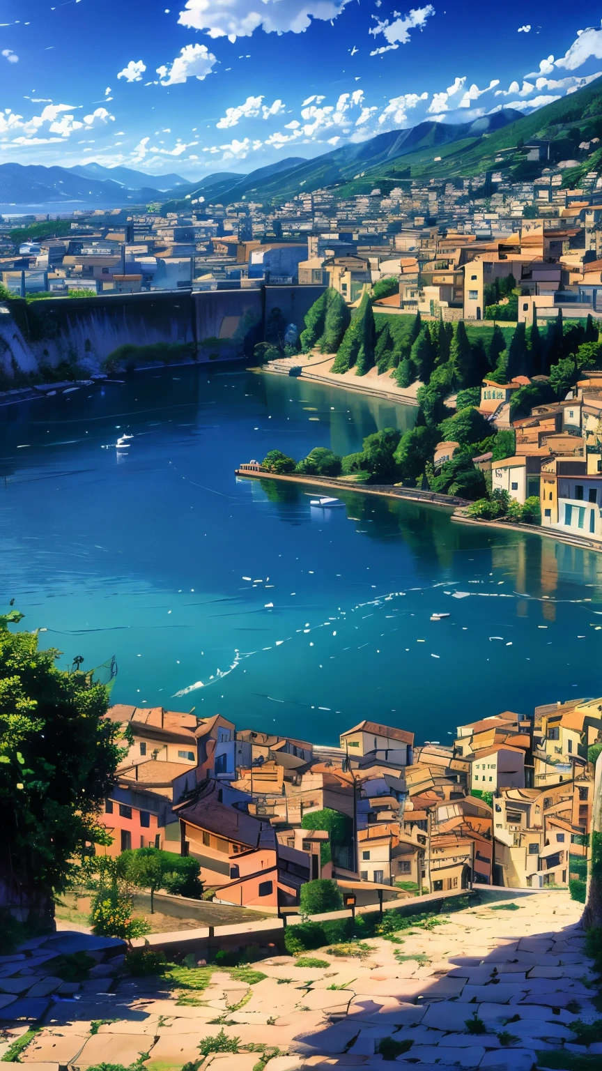 arafed view of a town on a hill overlooking a lake, italy, italian mediterranean city, rich picturesque colors, city of pristine colors, realistic photo of a town, beautiful small town, southern european scenery, fantasy italy, with beautiful colors, high quality picture, beautiful place, picturesque, beautiful high resolution, absolutely outstanding image, italian masterpiece, epic and stunning