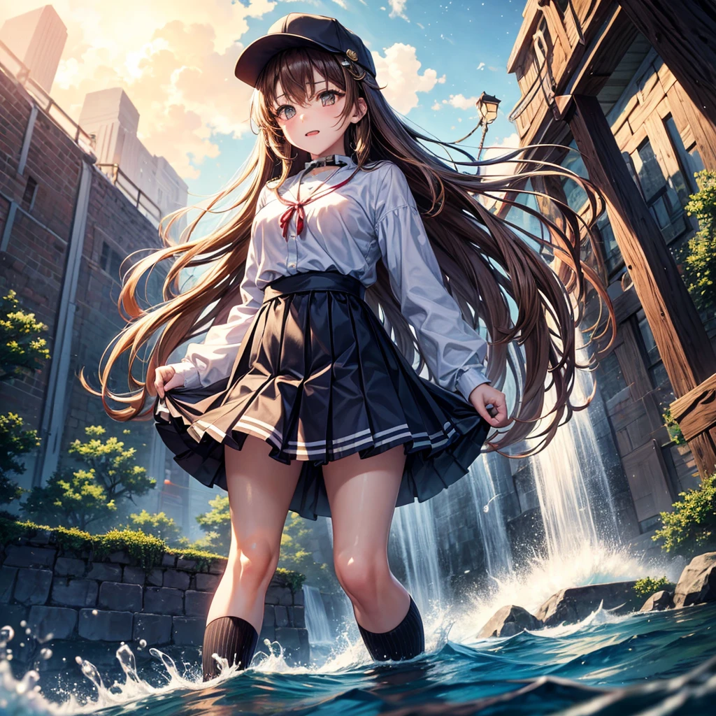 Red, brown, gold, gold hair、Golden Eyes、Hair tied up、One good looking girl、solo、anime、Checkered mini skirt、Ruffles on the skirt、Checked dress、blouse、school uniform、Black knee-high socks、Wearing a baseball cap、Ribbon、Ribbon on waist、Teeth are visible、Silver coin necklace、From above、Cobblestones、waterfall、Starry Sky、Midnight Moon、suspension bridge、Soap bubbles are flying、beam、ripple、Rocks floating in water、Crab walking、Standing still