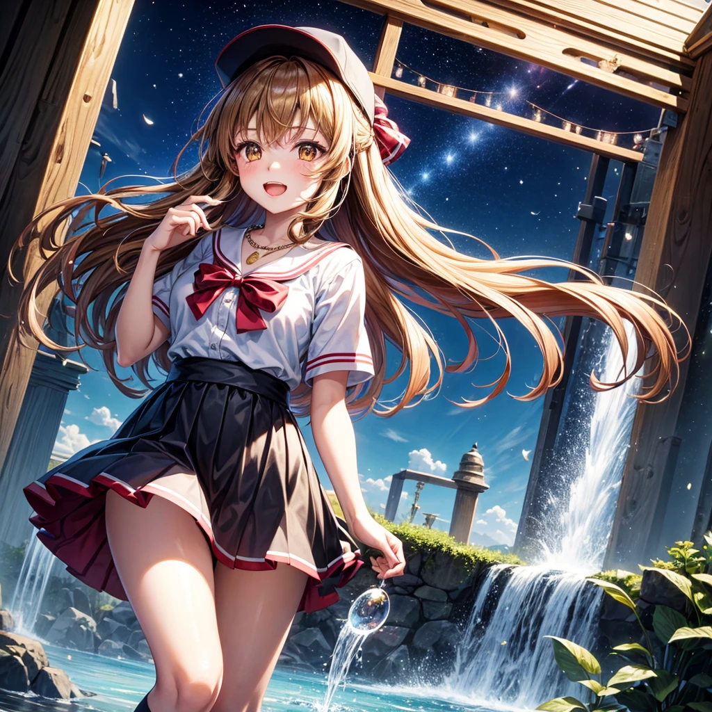 Red, brown, gold, gold hair、Golden Eyes、Hair tied up、One good looking girl、solo、anime、Checkered mini skirt、Ruffles on the skirt、Checked dress、blouse、school uniform、Black knee-high socks、Wearing a baseball cap、Ribbon、Ribbon on waist、Teeth are visible、Silver coin necklace、From above、Cobblestones、waterfall、Starry Sky、Midnight Moon、suspension bridge、Soap bubbles are flying、beam、ripple、Rocks floating in water、Crab walking、Standing still