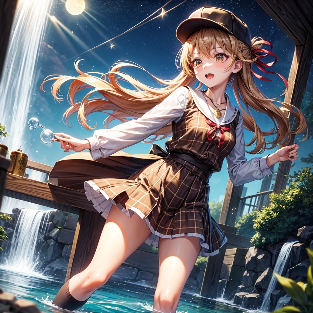 Red, brown, gold, gold hair、Golden Eyes、Hair tied up、One good looking girl、solo、anime、Checkered mini skirt、Ruffles on the skirt、Checked dress、blouse、school uniform、Black knee-high socks、Wearing a baseball cap、Ribbon、Ribbon on waist、Teeth are visible、Silver coin necklace、From above、Cobblestones、waterfall、Starry Sky、Midnight Moon、suspension bridge、Soap bubbles are flying、beam、ripple、Rocks floating in water、Crab walking、Standing still