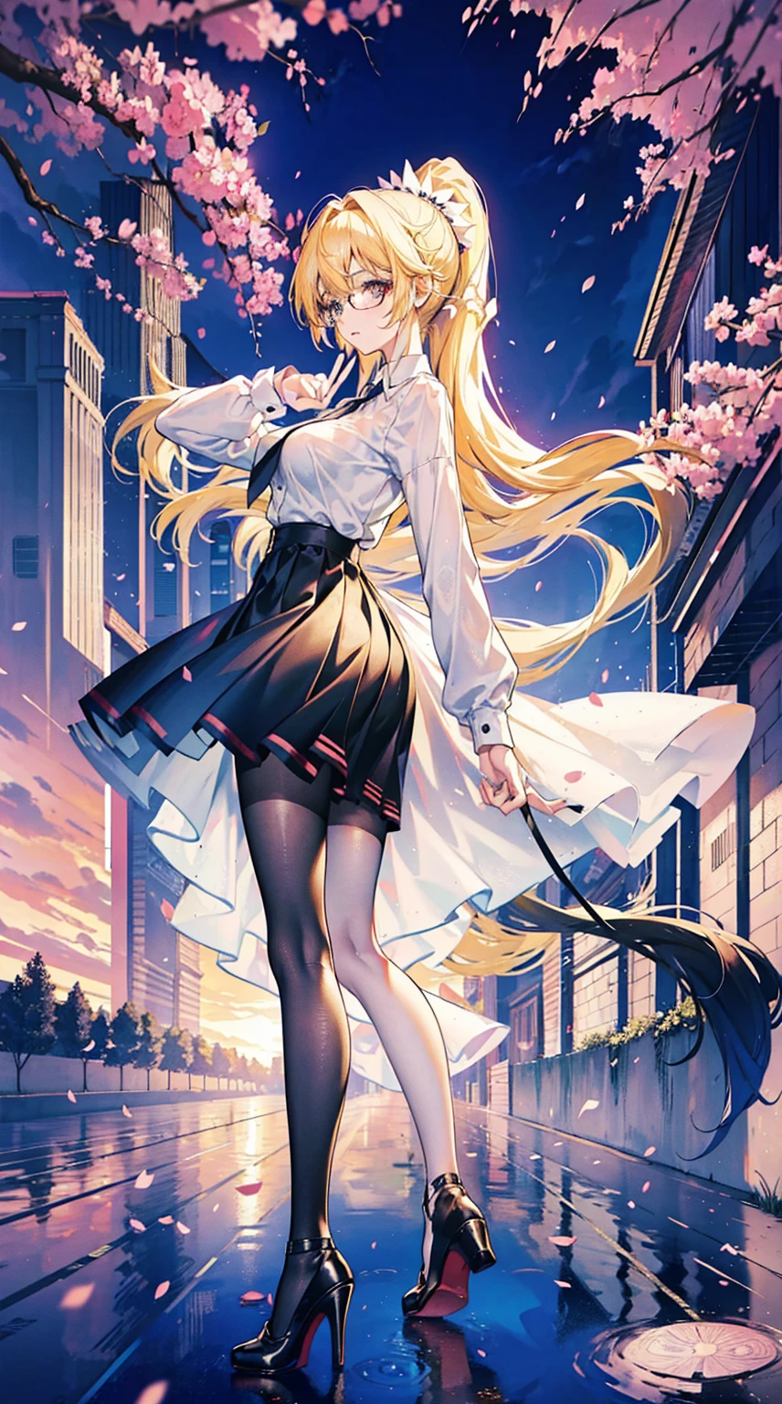 Young and beautiful Kathryn Newton, Glasses, White dress shirt, great neckline, Black Mini Dress, Dark pantyhose, High balance, Surreal, , Model figure, Large Breasts, Beautiful breasts, Big Ass, Long hair, Ponytail, Blonde hair, Long legs, 8K, Cherry blossoms, sunrise, Detailed reflection, Anime style, sad