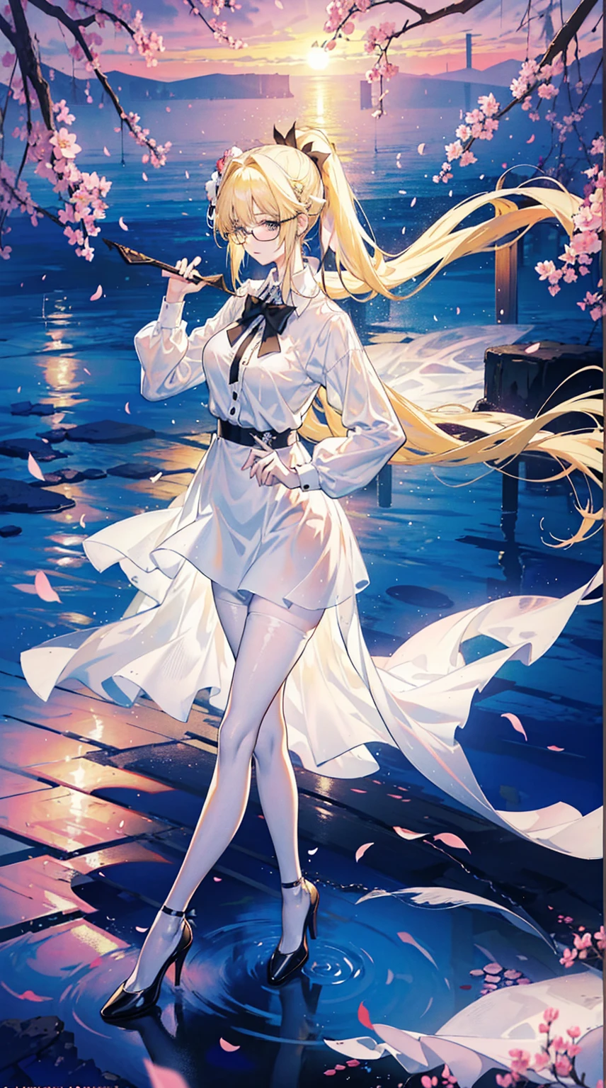 Young and beautiful Kathryn Newton, Glasses, White dress shirt, great neckline, Black Mini Dress, Dark pantyhose, High balance, Surreal, , Model figure, Large Breasts, Beautiful breasts, Big Ass, Long hair, Ponytail, Blonde hair, Long legs, 8K, Cherry blossoms, sunrise, Detailed reflection, Anime style, sad