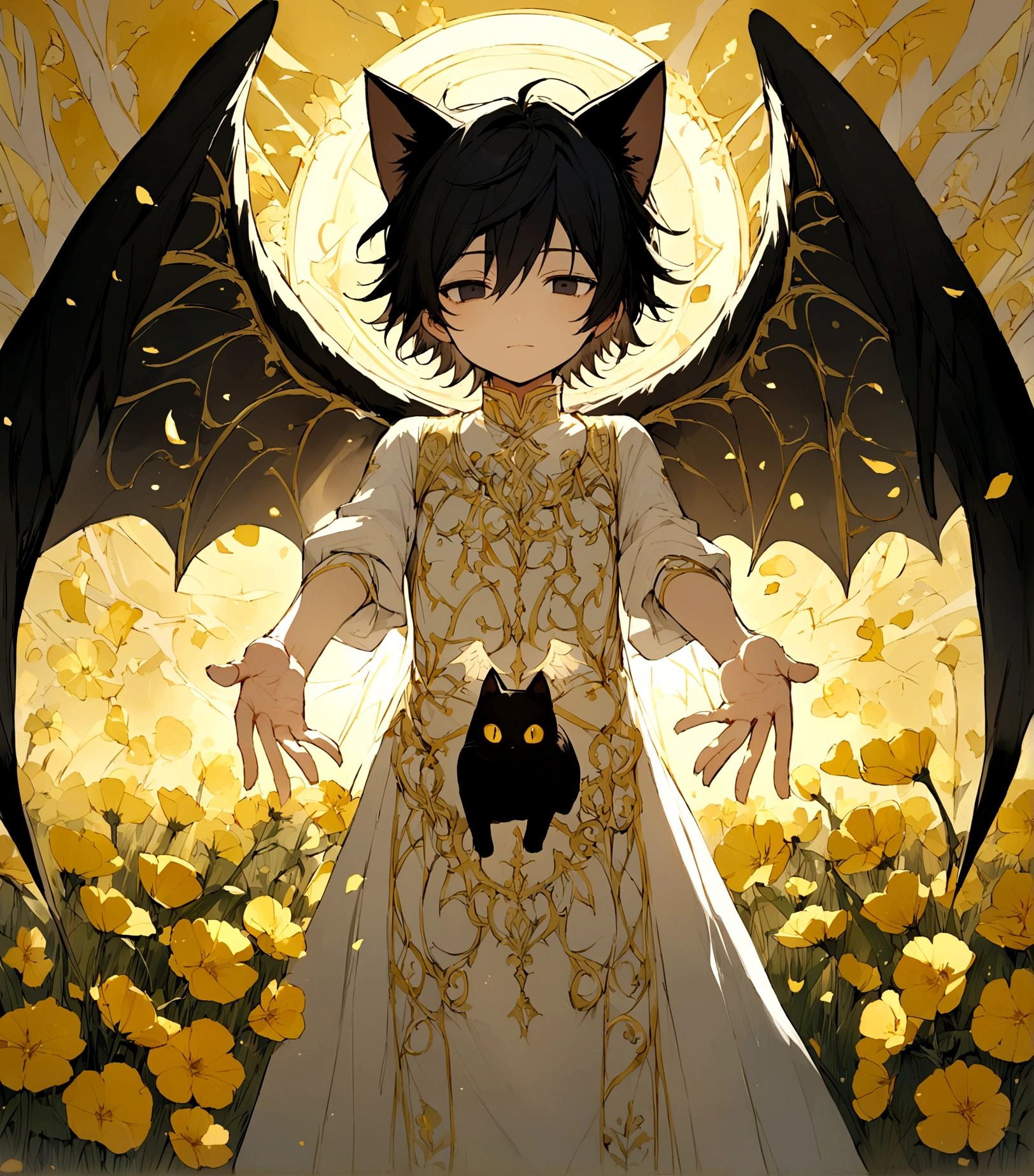 male,Black Hair, Detailed and precise manual work,Black cat ears,Dark Eyes,length, Narrow eyes,Big devil wings and angel wings,Reaching out,Five Fingers,Great light,An impressive subject in a field of yellow flowers, Petals flutter,Delicate white with gold patterns and,Hand-drawn illustration,Broad background,