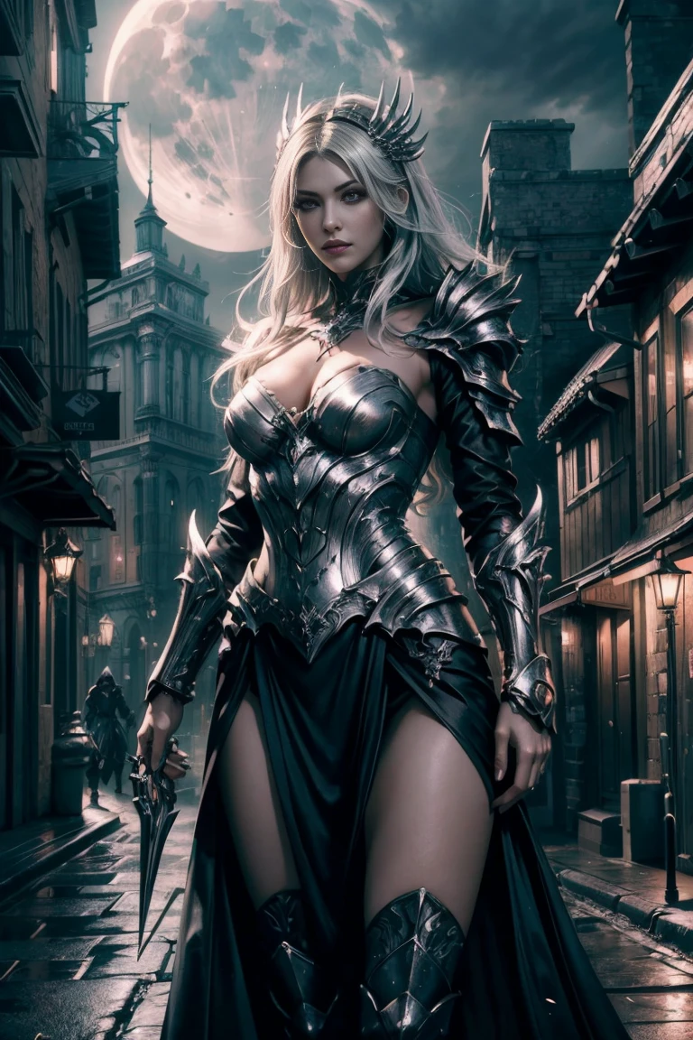 concept art (Digital Artwork:1.3) of (Simple illustration:1.3) a woman in a silver and white costume standing in a city, from lineage 2, wearing witchblade armor, lineage 2 revolution style, unreal engine render saint seiya, of a beautiful female warframe, from ncsoft, silver armor and red clothing, hyperdetailed fantasy character, style game square enix, unreal engine render a goddess, 8 k character details CGSociety,ArtStation,(Low Contrast:1.3) . digital artwork, illustrative, painterly, matte painting, highly detailed bacground dark gloomy medieval fantasy city at night by moonlight