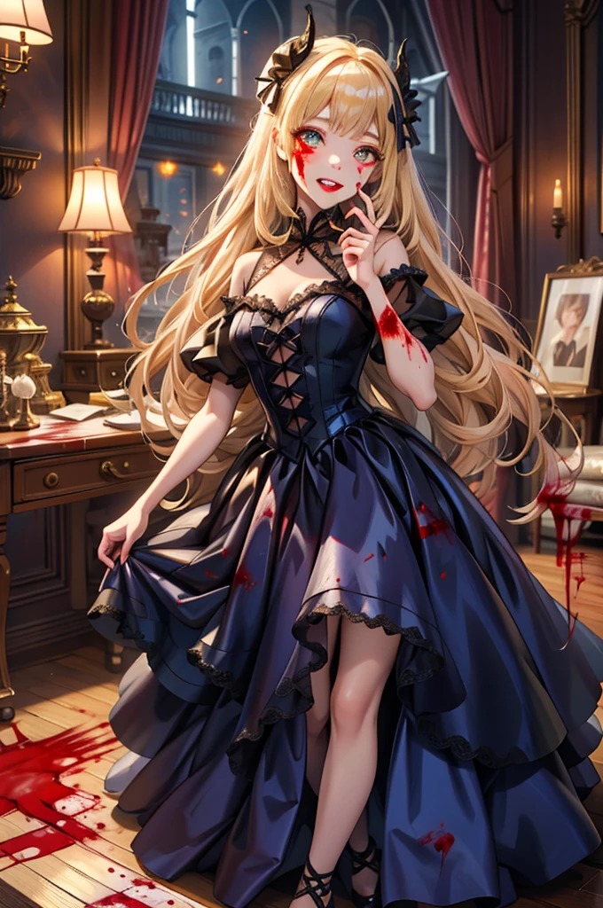 prompt: 8K resolution, Delicate features, , single, Unique pupils, 笑face, blonde, Princess Cut, Ribbon hair ornament, brooch, Shiny candy blue dress, Gold embroidery,Lolita Style, Gothic style, Facing the audience, Otaku Room, Female demon, Small lip width, lips are small, Embarrassed expression, Delicate features, Crazy Smile, Mouth wide open, Mouth open and teeth bared, wide lips, Very wide mouth, Frowning, Vermilion-tinted cheeks, blondeヘアー, Princess Cut, Ribbon hair ornament, brooch, Shiny candy blue dress, Gold embroidery,Lolita Style, Gothic style, Facing the audience, Otaku Room, Well-built body, Nice body, Ample breasts, Fleshy body,With eyes wide open、Scary atmosphere、Distorted facial expressions、ねじれた笑face、Bloody、Bleeding from the head、Blood splatter、whole body、Long Hair、Long bangs、（（（Dark circles under the eyes）））、Pale skin、Feeling unwell、Pathological、邪悪な笑face、Crazy Eyes、（Grin）Dramatic makeup，Create mixed media art、Full body depiction on screen,whole body図,Well-built,Nice body,Shoulders wider,focus on,(face),Messy Hair,Yellow Eyes,(Glowing Eyes),(Blood splatter:1.7),Red light,笑face,big 笑face,tooth,psycho 笑face,gesugao,Dark city background,darkness,night,(close),Good Eyes, good teeth,サディスティックな笑face,,all,Shiny skin,詳細なface,Beautiful body,Adult,whole body油まみれで光沢感がある　whole bodyから湯気が出ている　Steam like a sauna room fills the entire screen.　White breath from the mouth