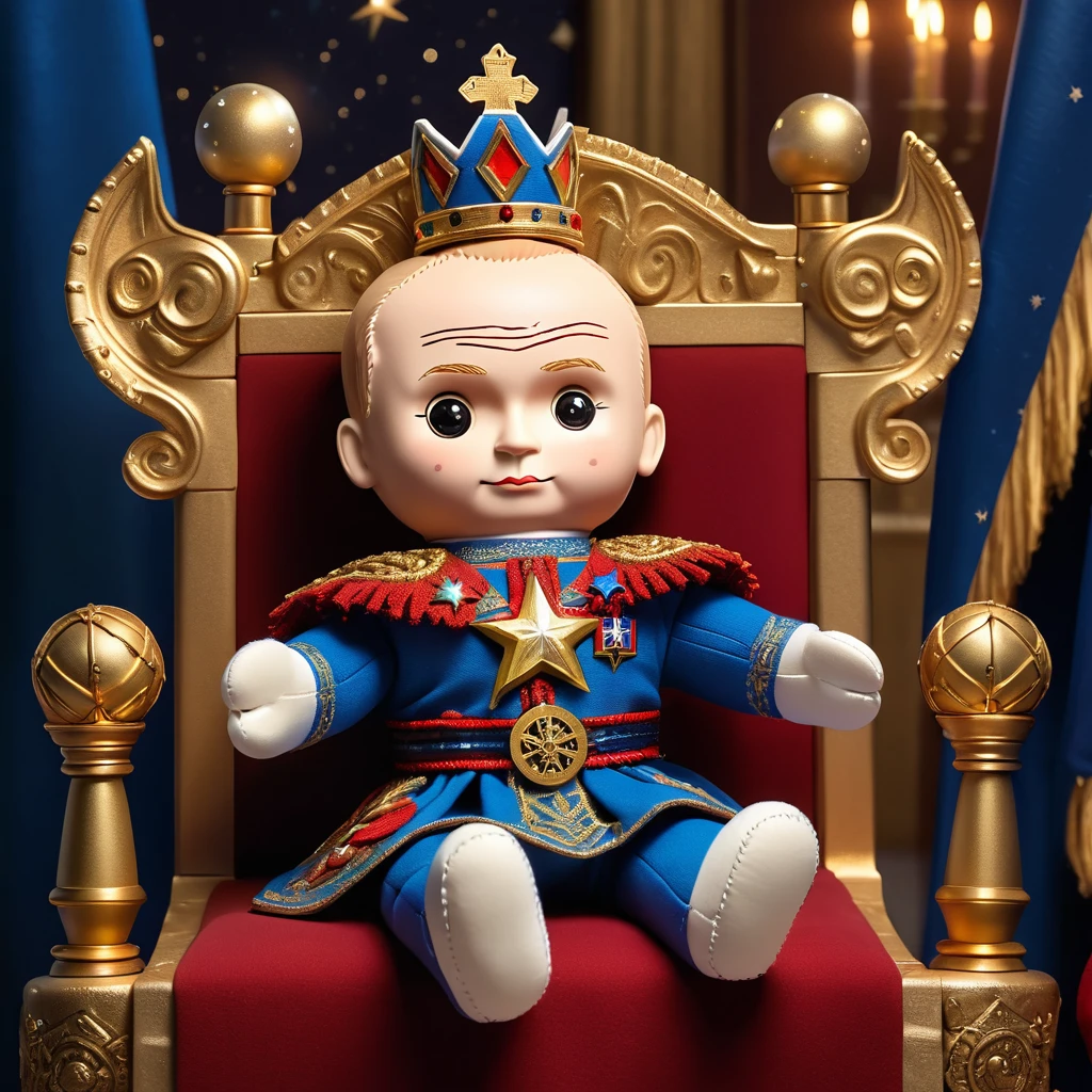 (knitted toy voodoo doll:1.8), (Voodoo Vladimir Putin:1.3), (on the throne:1.3), (Clothing: royal attire with royal insignia, flowing cape:1.0), (Accessories: crown, scepter:1.2), (background: luxurious room full of riches, Russian coat of arms prominently displayed, ethereal light illuminating the stage:1.2), (background: starry night sky with swirling patterns and glowing stars, ethereal light illuminating the scene:1.2), best quality, masterpiece, detailed soft oil painting, detailed background, dramatic cinematic lighting, soft edge lighting, professional, dramatic lighting, hard edge lighting, ultra quality, 4k,masterpiece, best quality, 8k, ultra highres, highres, extremely detailed