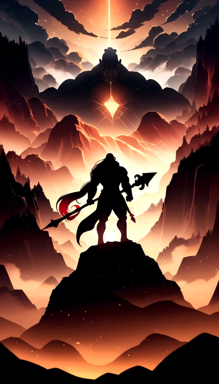 Create a dramatic and majestic digital art illustration of a powerful, muscular figure standing on a mountain peak, silhouetted against a glowing, fiery sky. The figure should have distinct features of a mythical warrior or deity, with long hair tied back and holding a large, ornate mace. The scene should be set in a canyon with towering cliffs on either side, bathed in warm, golden light and surrounded by swirling clouds and mist. The overall mood should be epic and awe-inspiring, emphasizing the strength and divinity of the character.