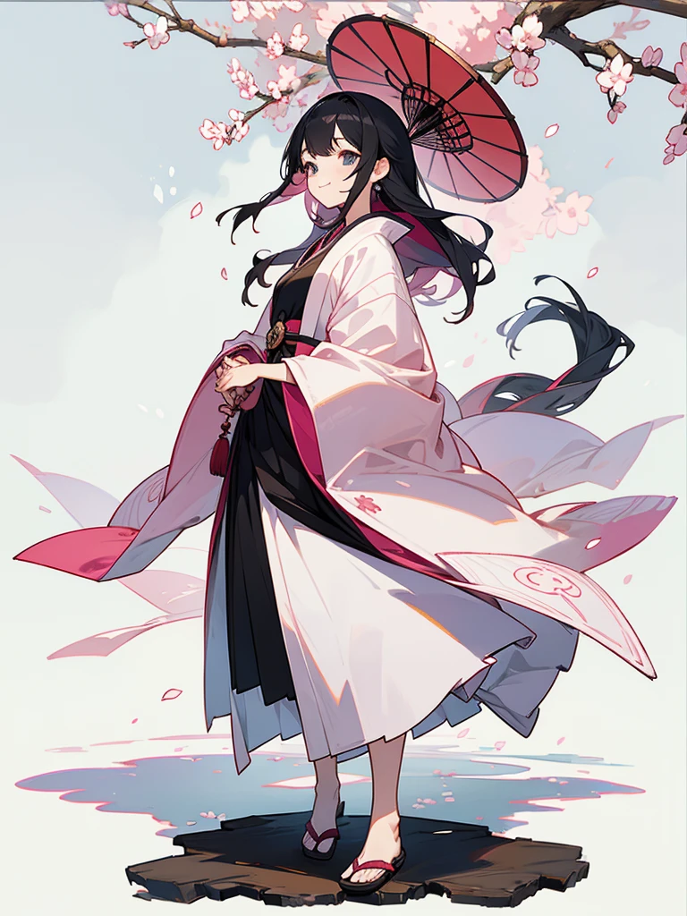 best quality, character design sheet, adult woman、No hat on, Black and pink hair, whole body, Head to Toe, Fortuneteller、Standing facing forward, Beautiful black dress, long Black Hair, whole body, Pure white background, from front, best quality, Standing pose、Cherry blossom pattern、adult、Japanese、Clear eyes、Adult Japanese、Clear eyes、Standing facing forward、The face is facing forward、holding a magic card in hand、White background、Smiling face、Black western dress