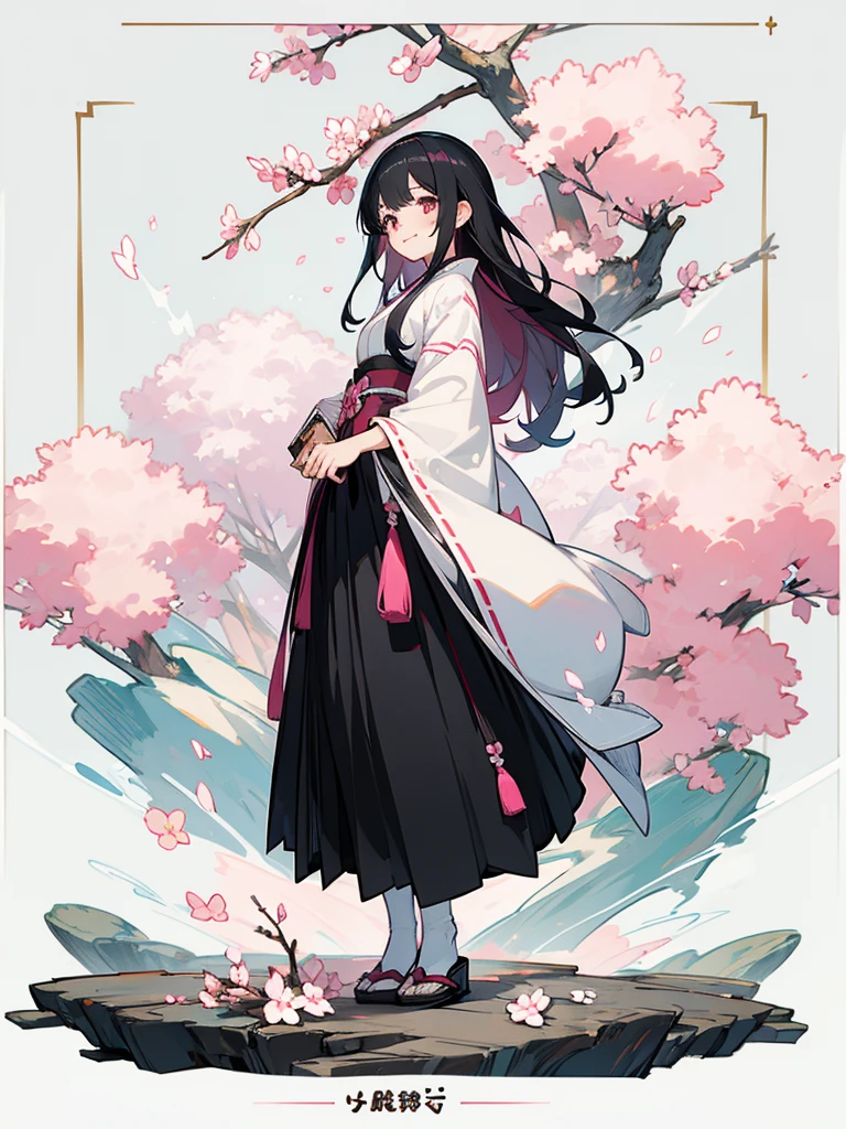 best quality, character design sheet, adult woman、No hat on, Black and pink hair, whole body, Head to Toe, Fortuneteller、Standing facing forward, Beautiful black dress, long Black Hair, whole body, Pure white background, from front, best quality, Standing pose、Cherry blossom pattern、adult、Japanese、Clear eyes、Adult Japanese、Clear eyes、Standing facing forward、The face is facing forward、holding a magic card in hand、White background、Smiling face、Black western dress