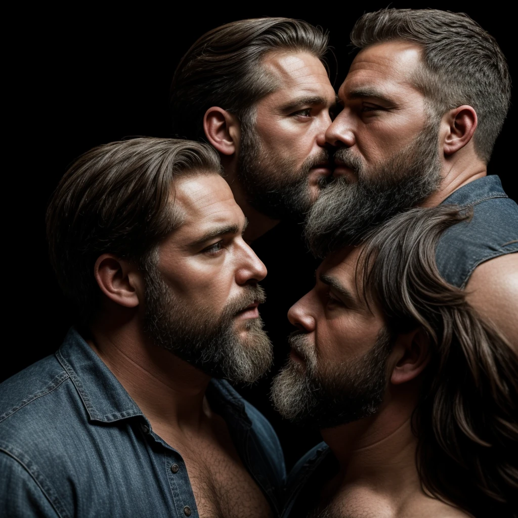 "8KUHD Create a professional studio-style photograph featuring two middle-aged, burly, and rugged men in lumberjack outfit. beards, very realistic hair, very realistic beards, very realistic mens clothing, very realistic detailed mens clothing. They are kissing each other, their real faces almost close, realistically kissing each other, in a romantic and virile scene. Utilize all appropriate lighting techniques for studio photography. The background should be black." HDR