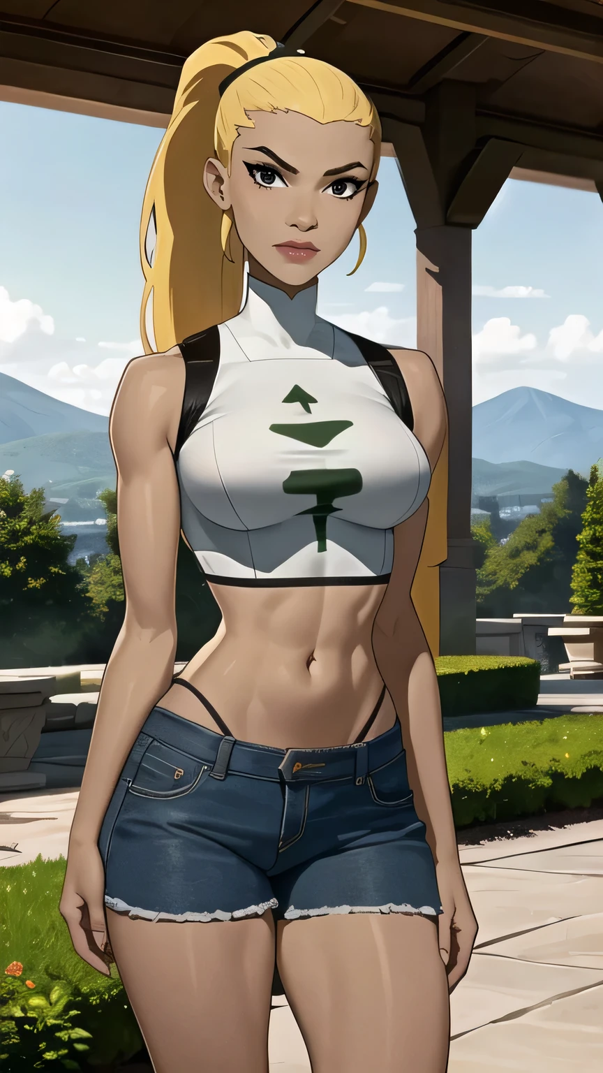 (cowboy shot), (masterpiece, best_quality, ultra-detailed, immaculate:1.3), epic, illustration,
BREAK
ArtemisYJ, ponytail,super long hair,
(White crop top),high-waist shorts medium breast 
BREAK
(courtyard, garden, outdoors, gorgeous view)