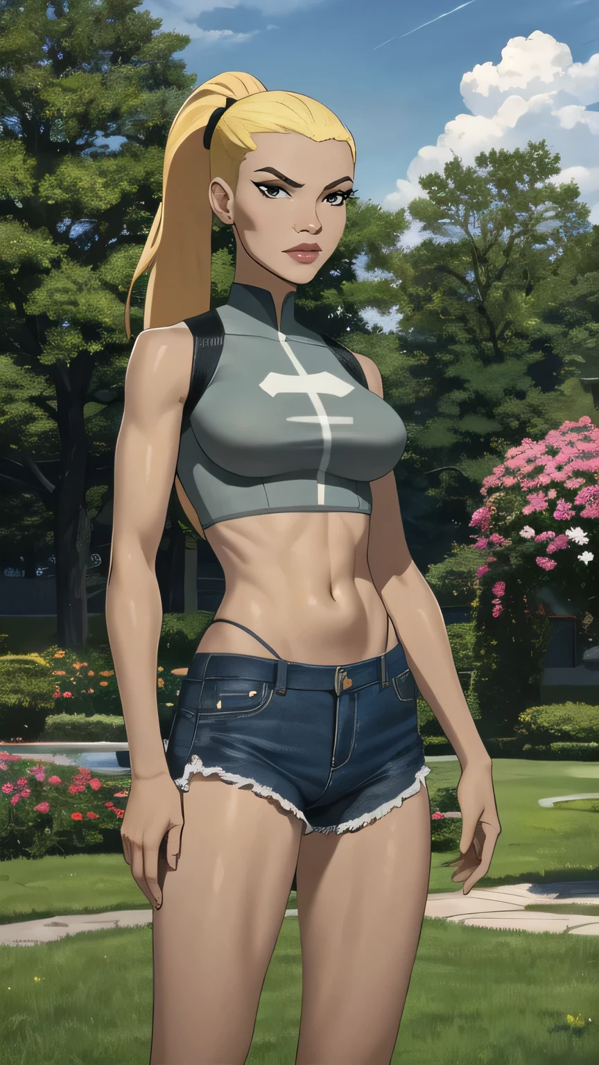 (cowboy shot), (masterpiece, best_quality, ultra-detailed, immaculate:1.3), epic, illustration,
BREAK
ArtemisYJ, ponytail,super long hair,
(White crop top),high-waist shorts medium breast 
BREAK
(courtyard, garden, outdoors, gorgeous view)