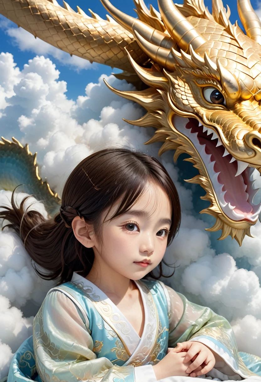 1 year old Chinese girl,Lovely, Round your face,Slept in a golden dragon bed, Two-horned dragon, Shutterstock Contest Winner, Fantasy art, Illustrated images, A dragon made of clouds, Chinese Fantasy, Camera shot, Intricate and sophisticated details, high quality,Japanese girl