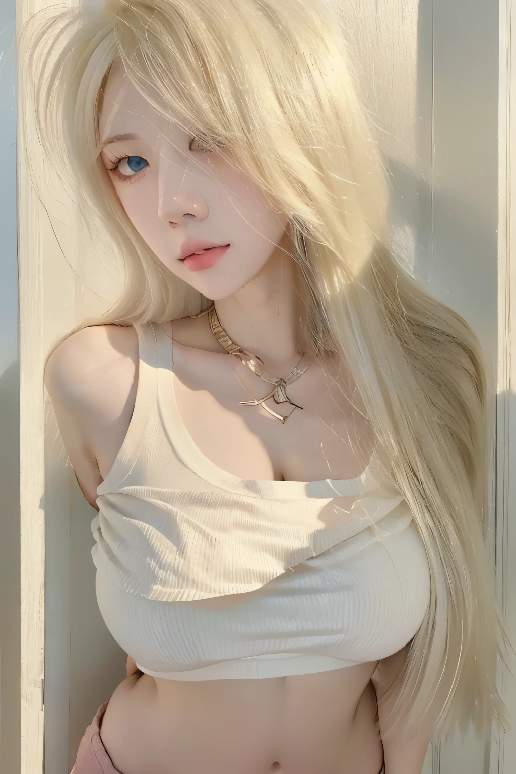 Beautiful woman with perfect body:1.4,Layered Hairstyle,Highly detailed face and skin textures,Double eyelids,Skin Whitening,Long hair,Whitened long legs,(Silver tube top,necklace),Standing by the sea,Half-length photo