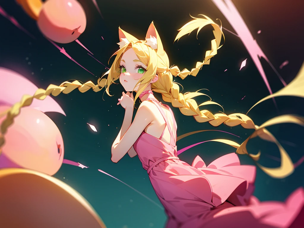 Girl, green eyes, blonde braids, pink drees, with peaches, cat ears and tail