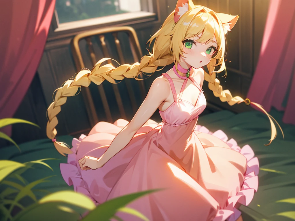 Girl, green eyes, blonde braids, pink drees, with peaches, cat ears and tail
