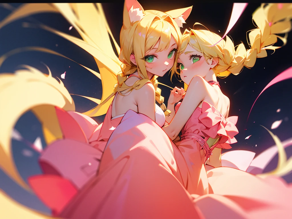 Girl, green eyes, blonde braids, pink drees, with peaches, cat ears and tail