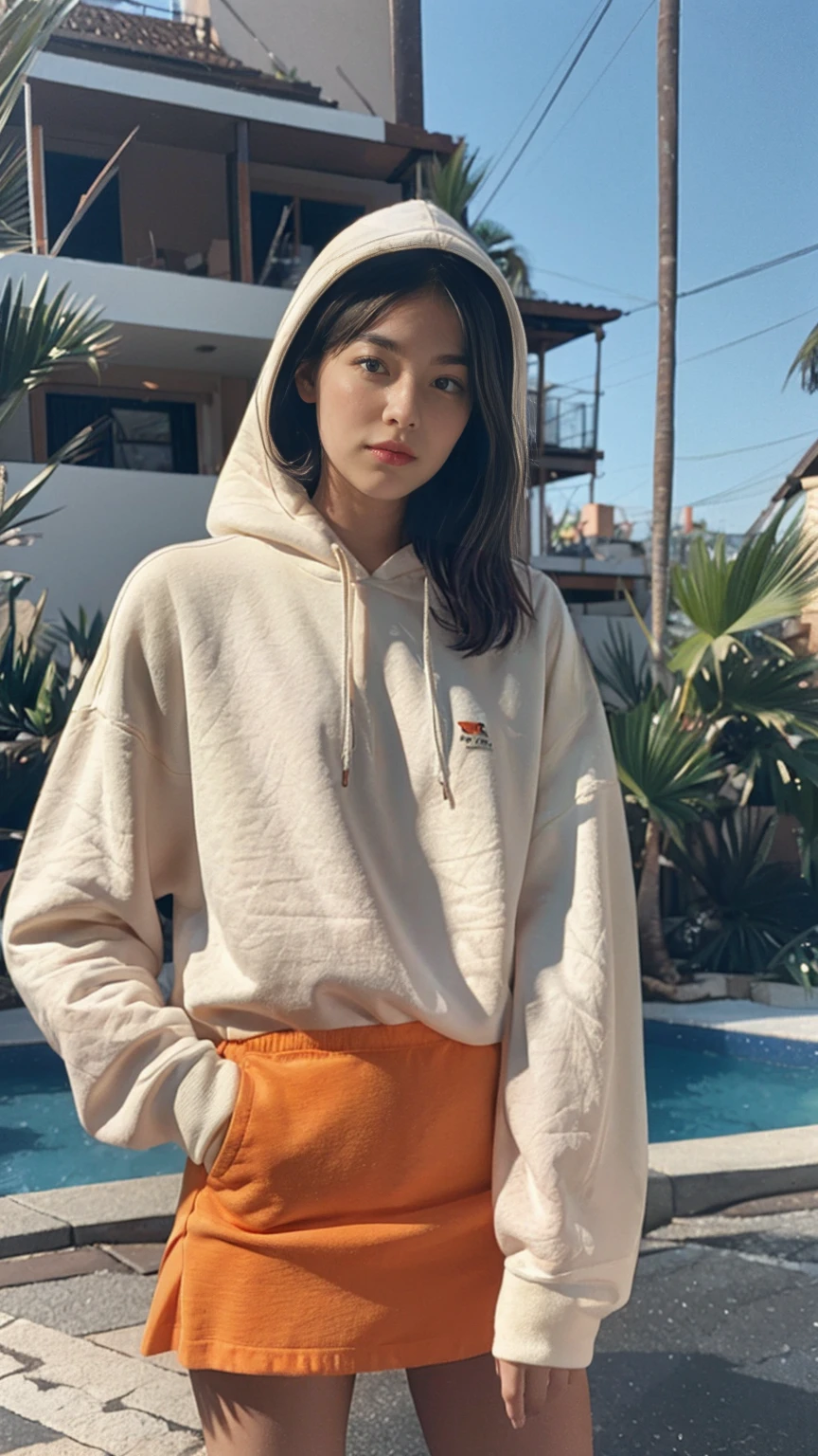 1 girl, wear ((orange oversized hoodie)), wear ((purple tennis skirt)),looking front,Best Quality,Masterpiece,Ultra High Resolution,(Realisticity:1.4),Original Photo, 1Girl, light leak,ultra high resolution,UHD,beautiful, black bob hair, almond eye, no makeup, in front of (80's mondrian architecture motel), (realistic:1.2), (surreal:1.3), (very detailed:1.1), ((masterpiece)),summer, blue sky, palm trees,sunny, los angles vibes