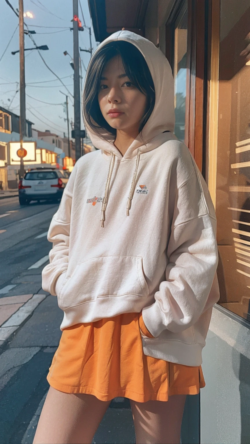 1 girl, wear ((orange oversized hoodie)), wear ((purple tennis skirt)),looking front,Best Quality,Masterpiece,Ultra High Resolution,(Realisticity:1.4),Original Photo, 1Girl, light leak,ultra high resolution,UHD,beautiful, black bob hair, almond eye, no makeup, in front of (80's mondrian architecture motel), (realistic:1.2), (surreal:1.3), (very detailed:1.1), ((masterpiece)),summer, blue sky, palm trees,sunny, los angles vibes